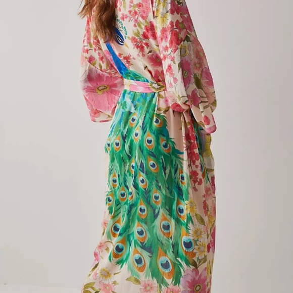 Boho Floral Tropical Peacock Print Cover up Kimono - Picture 2 of 8